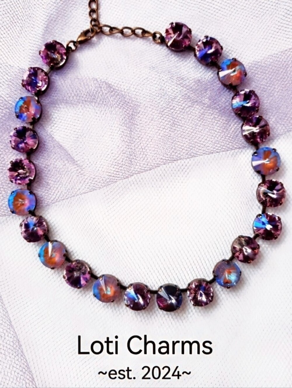 Purple Rain Cocktail In Large Premium Crystals In Classic Brass Necklace